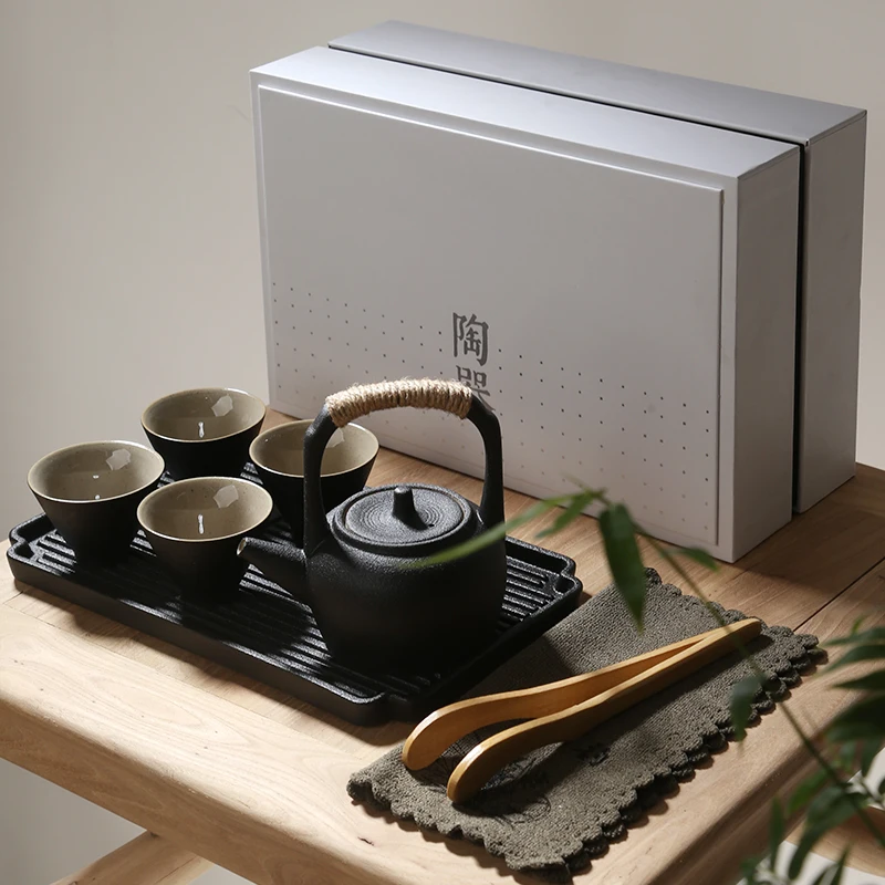 Japanese black pottery portable travel tea set Kung Fu tea suit with teapot teacup tray high grade