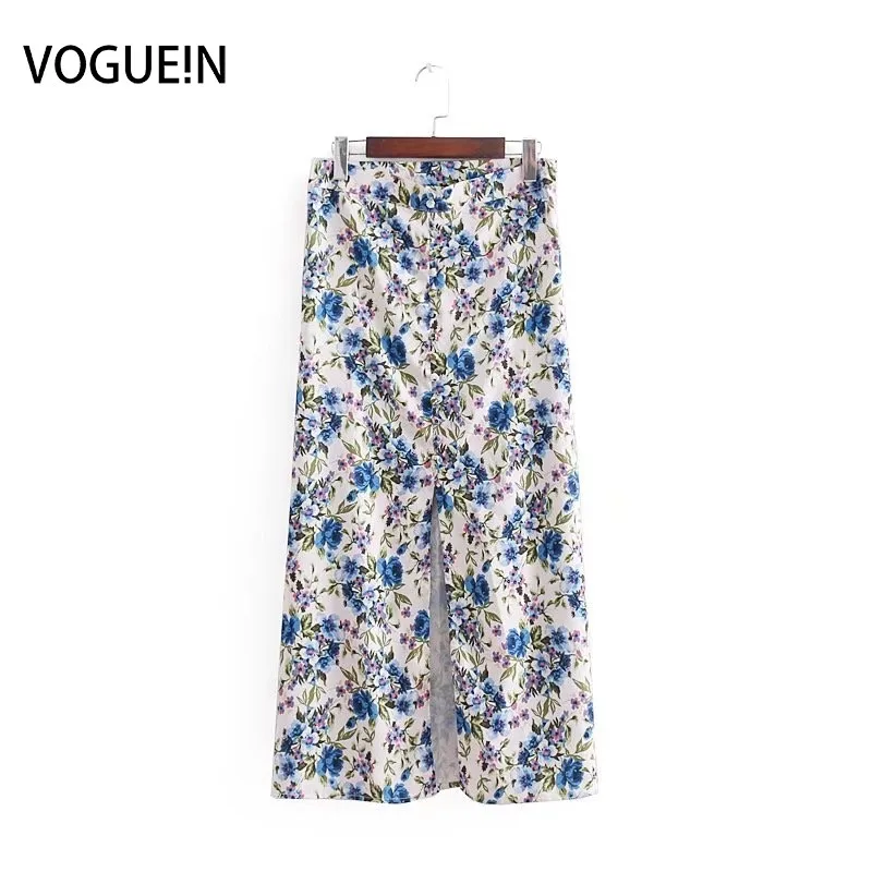 

VOGUEIN New Womens Summer Floral Print Split Button Decoration Zipper Midi Skirt Wholesale