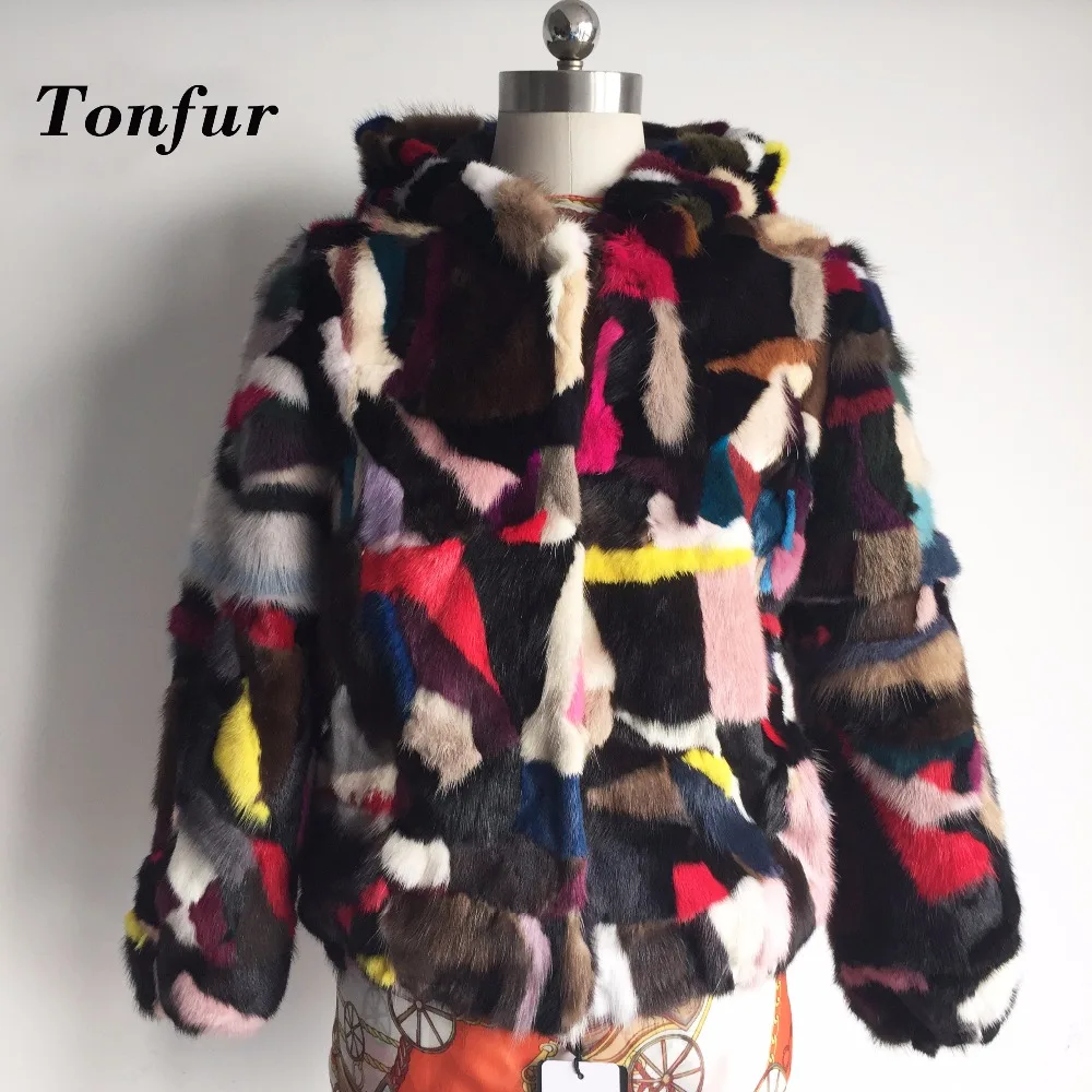 

2019 New Mix colors Match Well Patchwork Genuine Mink Fur Coat with hood Female Customize Handmade Mink Fur Jacket tbsr161
