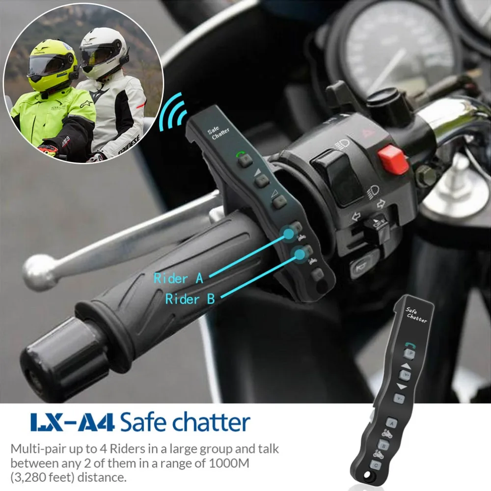 Переговорная гарнитура LEXIN 2 шт. A4 1000 м 4 мотоциклиста BT для шлема с Romote Control Moto