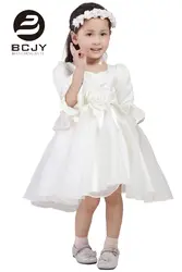 2019 Платья с цветочным узором для девочек, детское бальное платье с рукавами 3/4, фатиновые кружевные аппликации, кружевные платья с бантом и