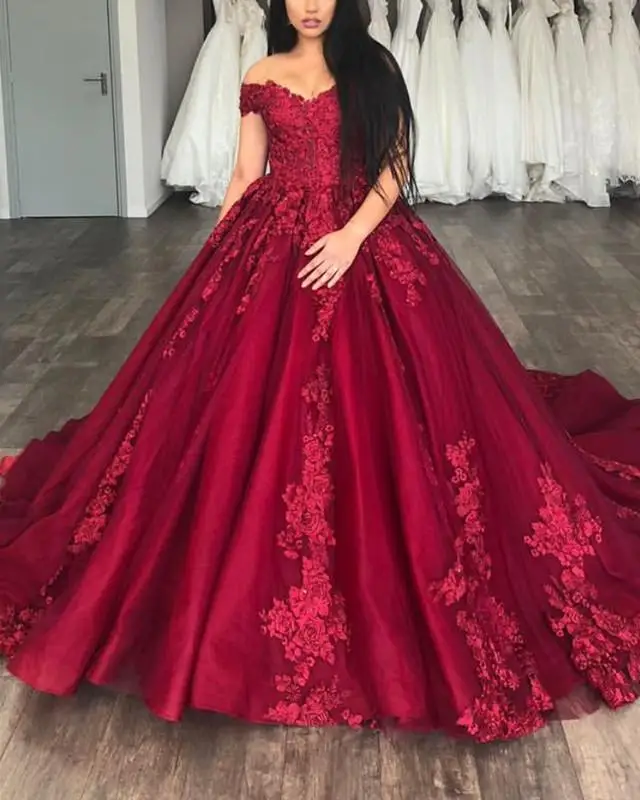 BRITNRY Red Sexy V Neck Off Shoulder Satin Lace Ball Gown Wedding Dresses