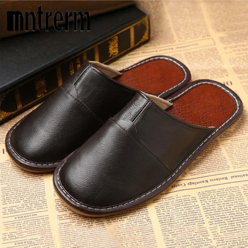 Mntrerm Men Casual Slippers For Home Slippers Four Seasons Cowhide Man
