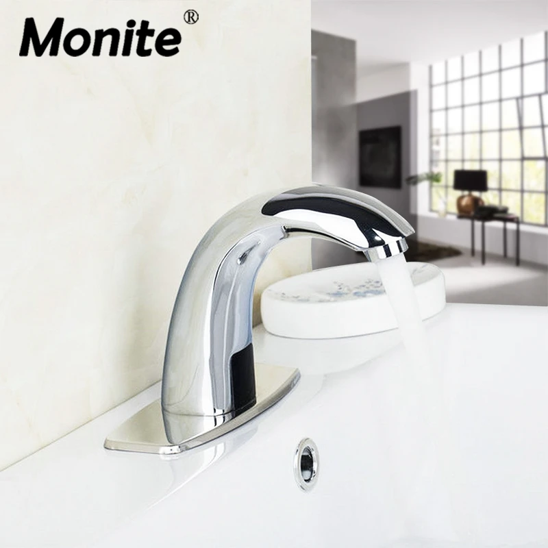 Monite Luxury Solid Brass Chrome Automatic Sense Faucet Kitchen Bathroom Basin Water Saving Electric Sensor Water Tap mixer