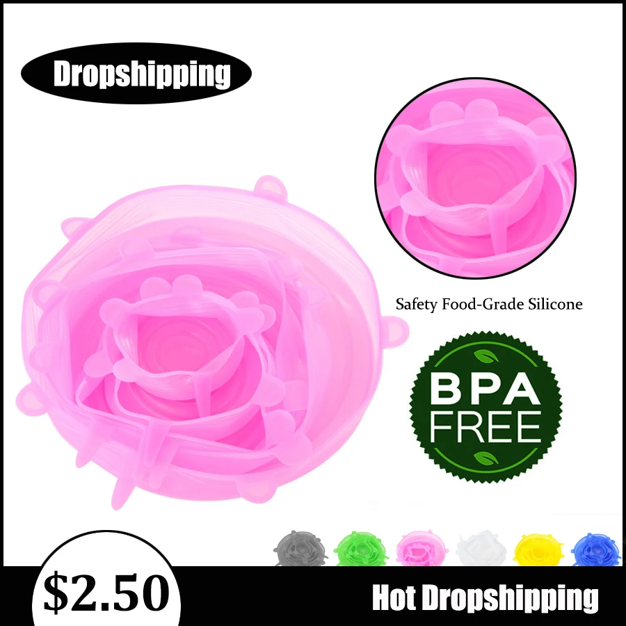

Dropshipping 6 Pcs/ Set Universal Silicone Cover Fresh Keeping Silicone Stretch Lids Caps For Food Pot Dish Kitchen Accessories