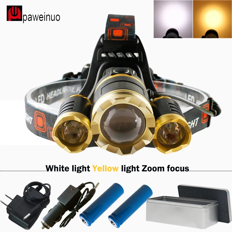 

10000lm Yellow light led headlamp xml T6 headlight rechargeable 18650 zoom focus head lamp torch light powerful lamp for fishing