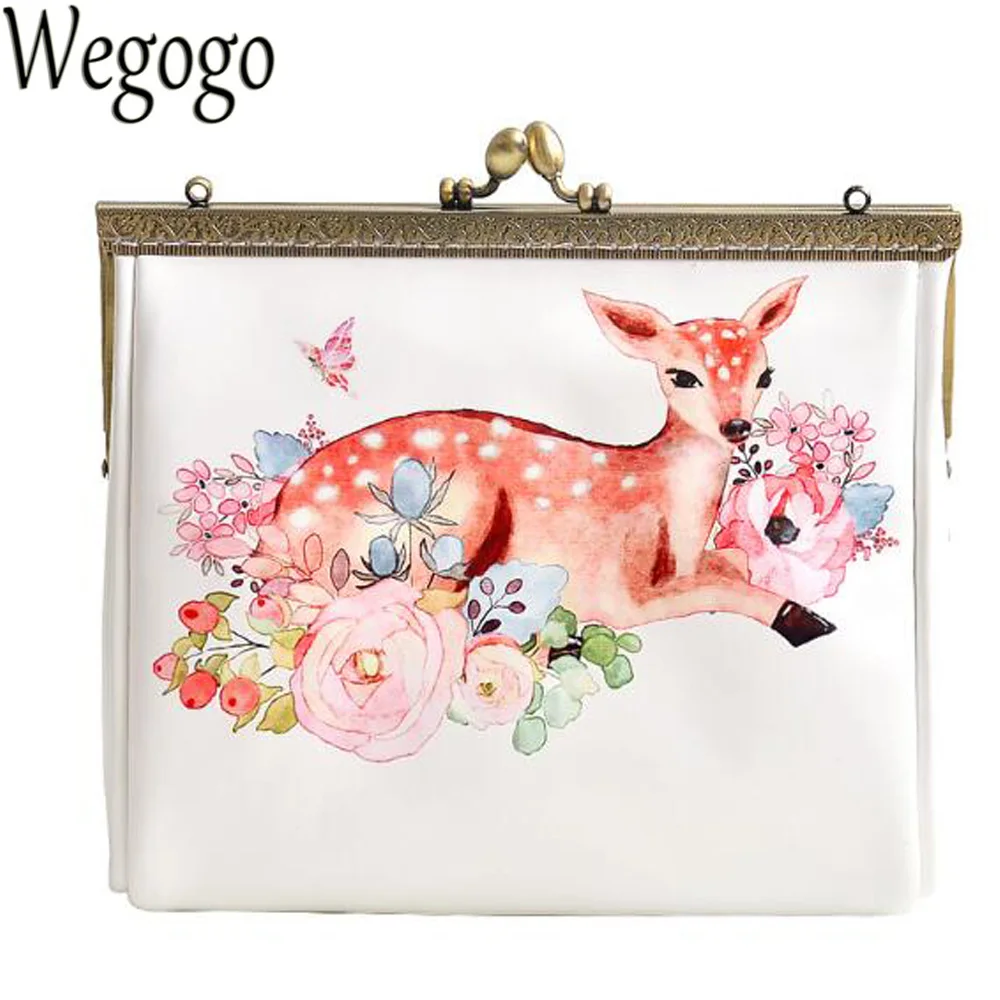 

Retro Deer CrossBody Bag Mori Girl Floral Print Mini Day Clutch Kisslock Small Women Tote Handbag Chain Shoulder Messenger bag