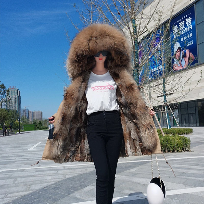 

2019 new fashion winter woman coat parkas large raccoon fur collar hooded detachable rex rabbit fur lining Removable sleeves fur