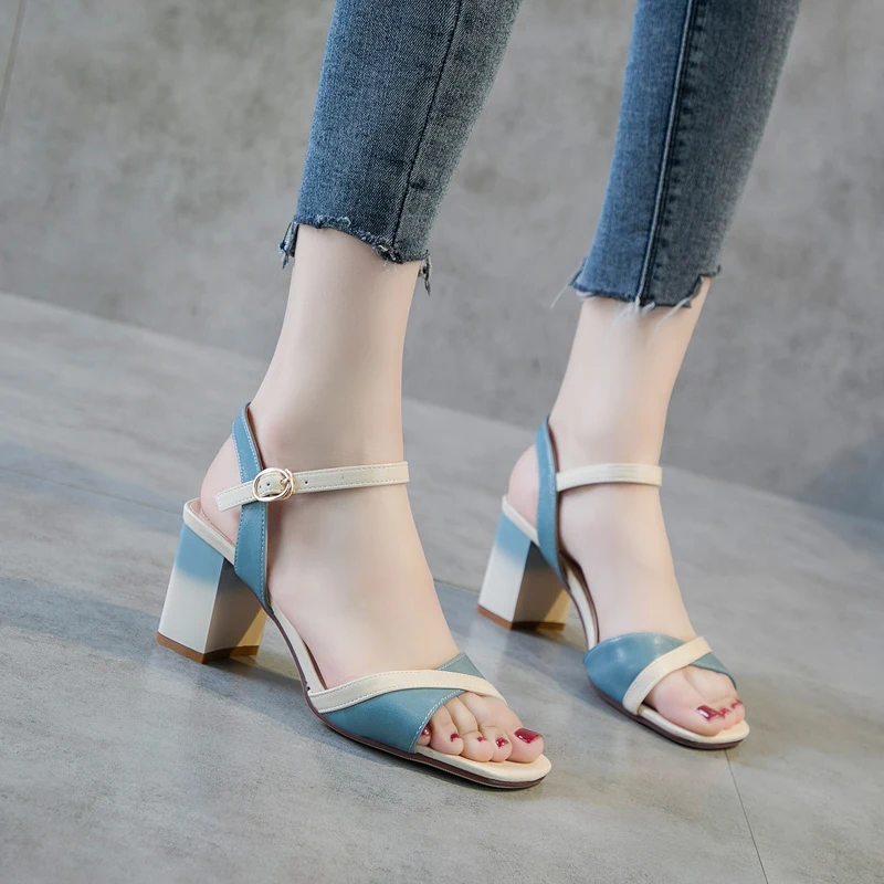 

2019 summer new open toe word buckle with sandals color matching thick with high heel ladies sandals