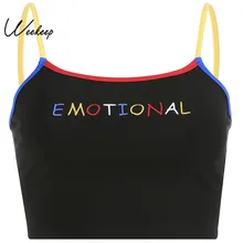 Weekeep/Черная Трикотажная майка с вышивкой в виде букв, укороченная уличная одежда в стиле пэчворк, укороченный топ, летний сексуальный топ, женские топы