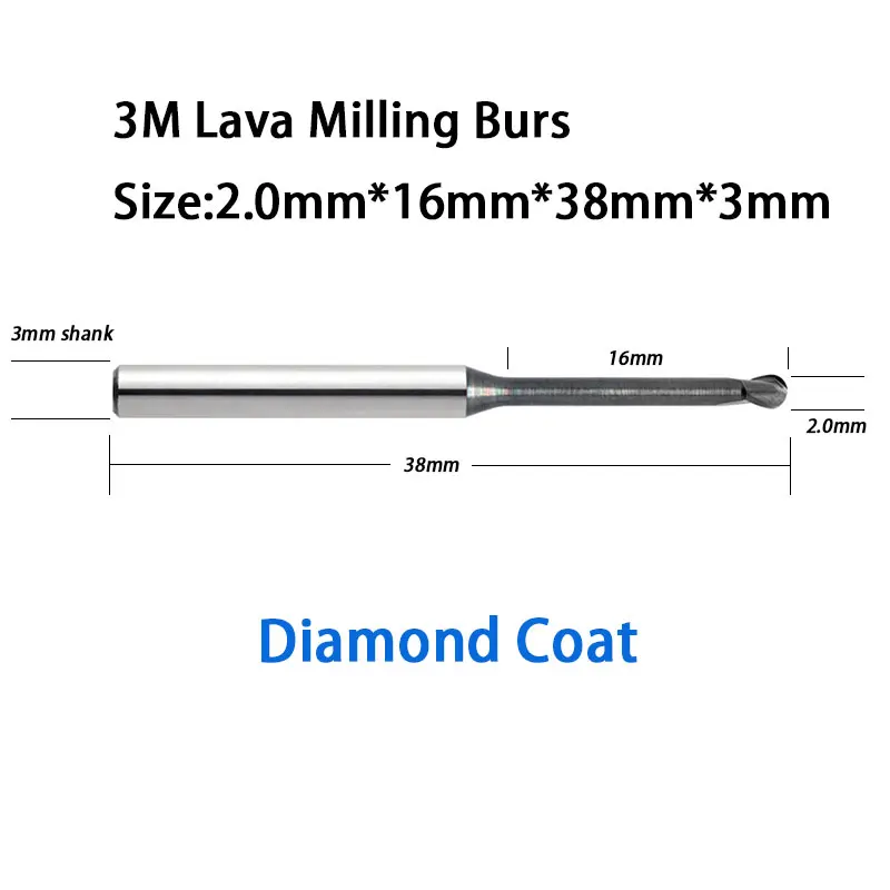 

38mm Total Length ESPE Lava Milling System Tools Burs 2.0mm Ball Diameter High Quality for Dental Lab