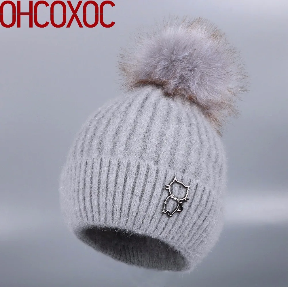 

wholesale women's new wool winter hat with pompom ball striped pattern with cat decorated two layer thick warmer beanies gorros