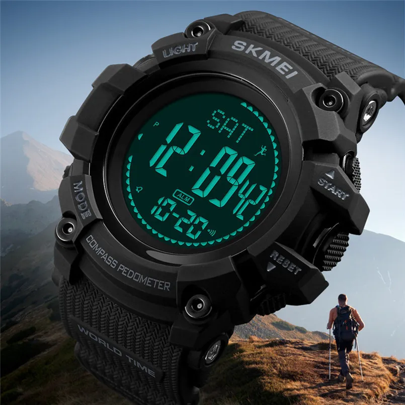 SKMEI Men Pedometer Calorie Digital Watch Waterproof Outdoor Sports Clocks World Time Compass Electronic Alarm Relogio Masculino