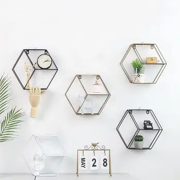 

Wooden Iron Storage Holder Ins Geometric Wall Shelf Hanging Organizer Wall Rack for Kitchen Bathroom Decor