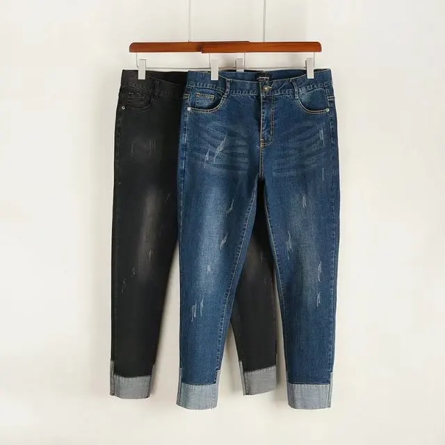 

S68 fall Winter Plus Size Women Clothing Jeans 5XL Casual Scratched High Waist Stretch Denim Pencil Pants 018