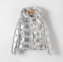 Для женщин зимние куртки короткие теплое пальто серебристого металла цвет Хлеб Стиль Дамы парка winterjas dames abrigos mujer invierno
