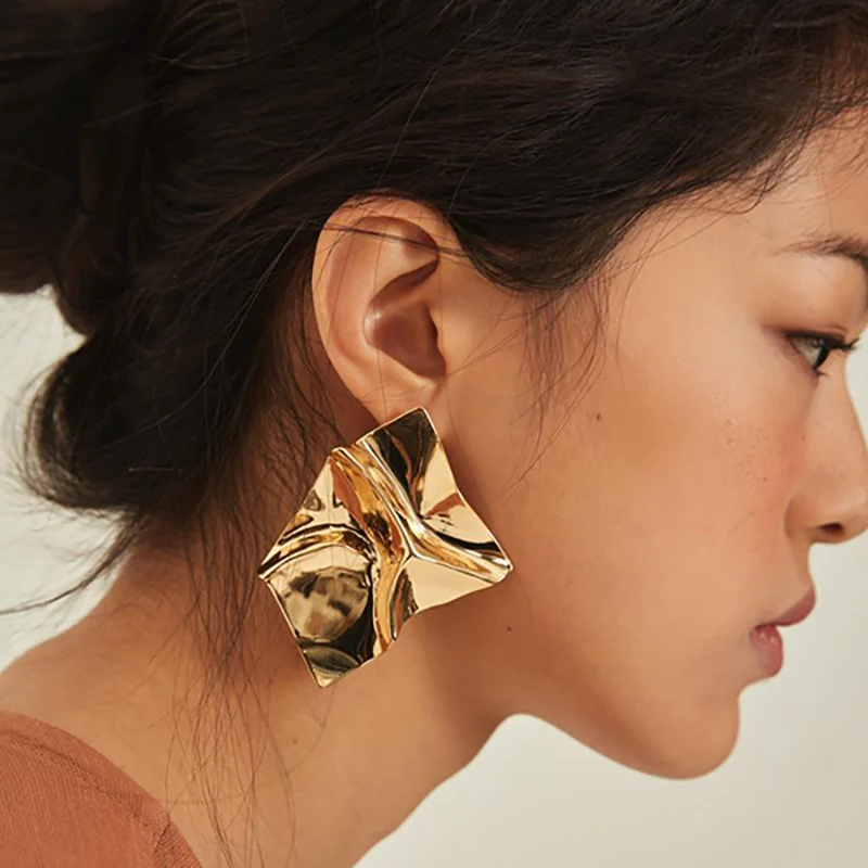 

New Fashion Geometry design Fold square exagger copper earrings For Women Elegant Design Jewelry Stud Earrings 1pair