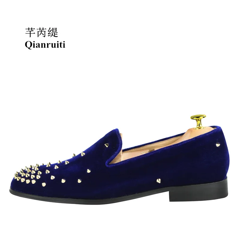 Leisure Men Velvet Shoes Gold Rivet Embellished Flats Navy Blue Slipon