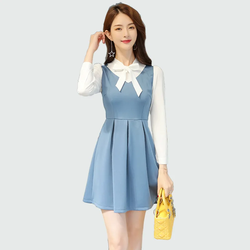 

Big Bow Women's Mini Dress 2018 Spring Summer Pink / Bule Patchwork Plus Size Dress Long Sleeves A-line Vestido De Festa