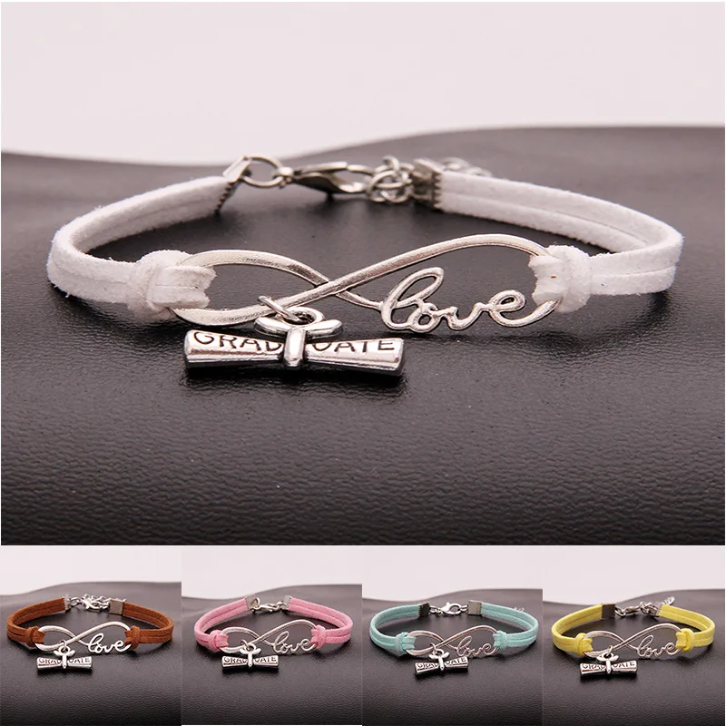

New Fashion Antique Silver Graduate Diploma Charm Pendant Infinity Love Multicolor Leather Bracelets For Women Men Jewelry Gifts