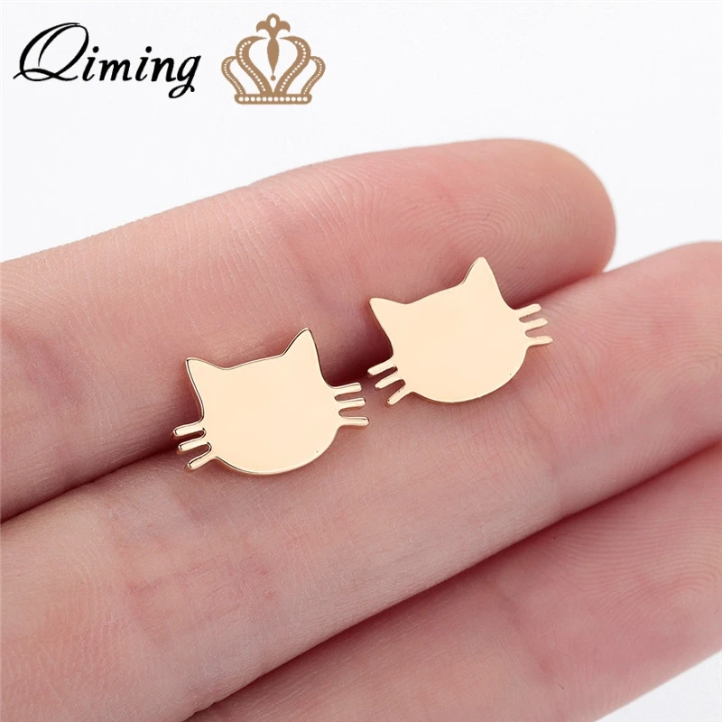 

QIMING Cute Kitty Cat Earrings For Women Children Kids Birthday Cheap Stainless Steel Gold Jewelry Kitten Animal Stud Earring