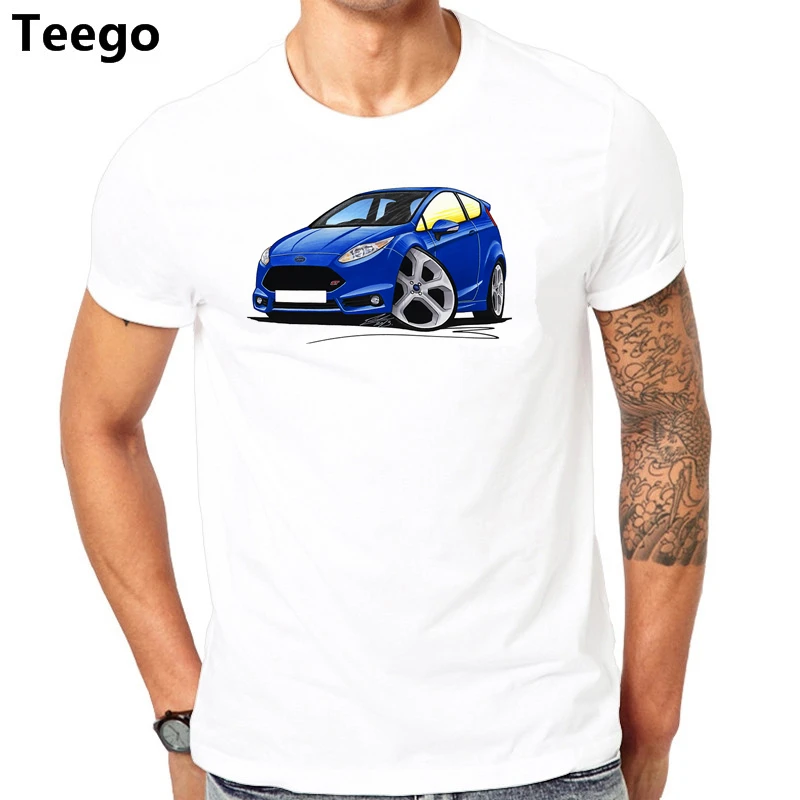 

WickedArtz Cartoon Car Mk7 Blue Ford Fiesta St Mens 100% Cotton White T-shirt