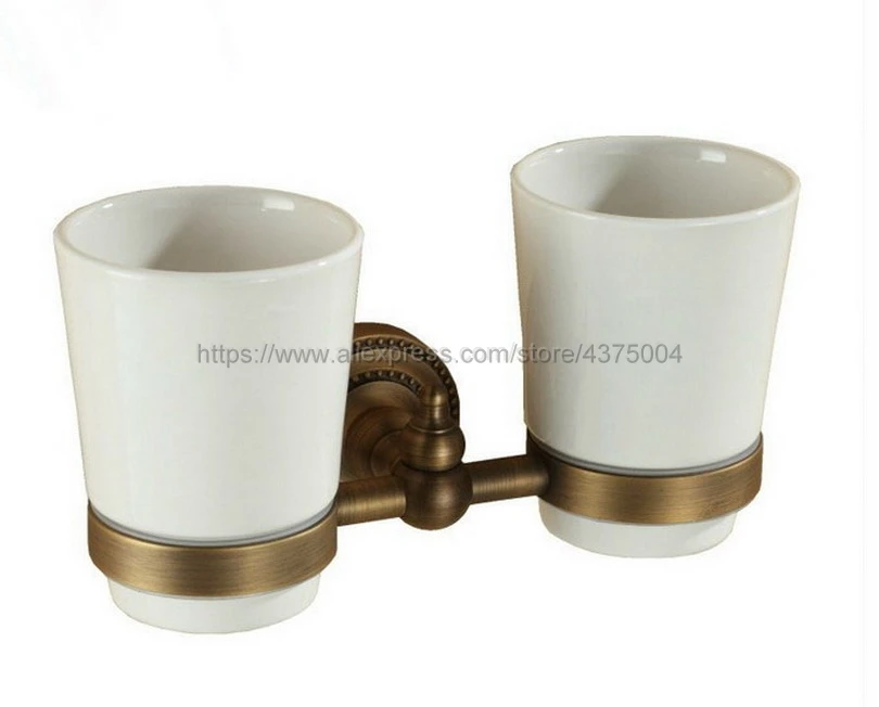 Antique Brass Bathroom Accessory Wall Mounted Toothbrush Holder with Two Ceramic Cups Nba088a