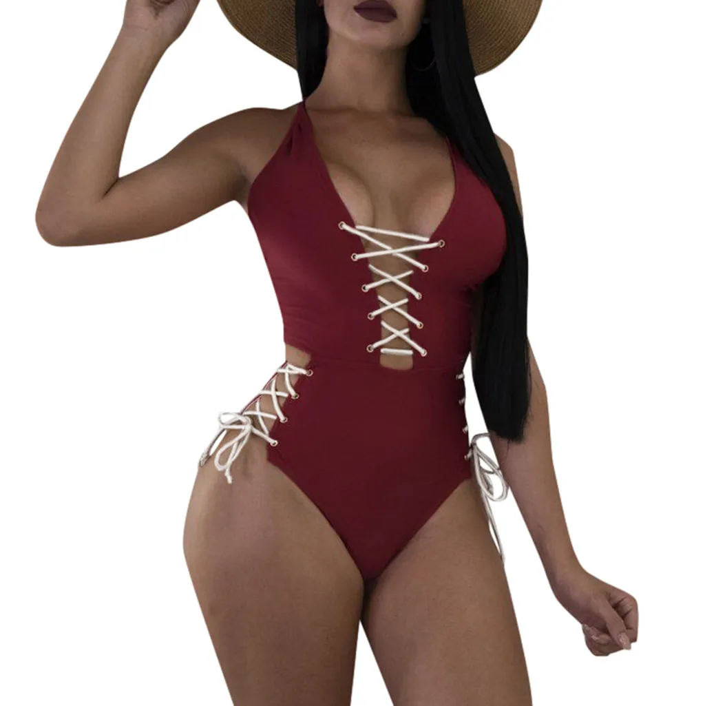 

SAGACE One Piece Sexy Solid Bikini Padded Cross Bandage Backless Beachwear 2019 Summer Push Up Hollow Out Swimsuit Swimwear