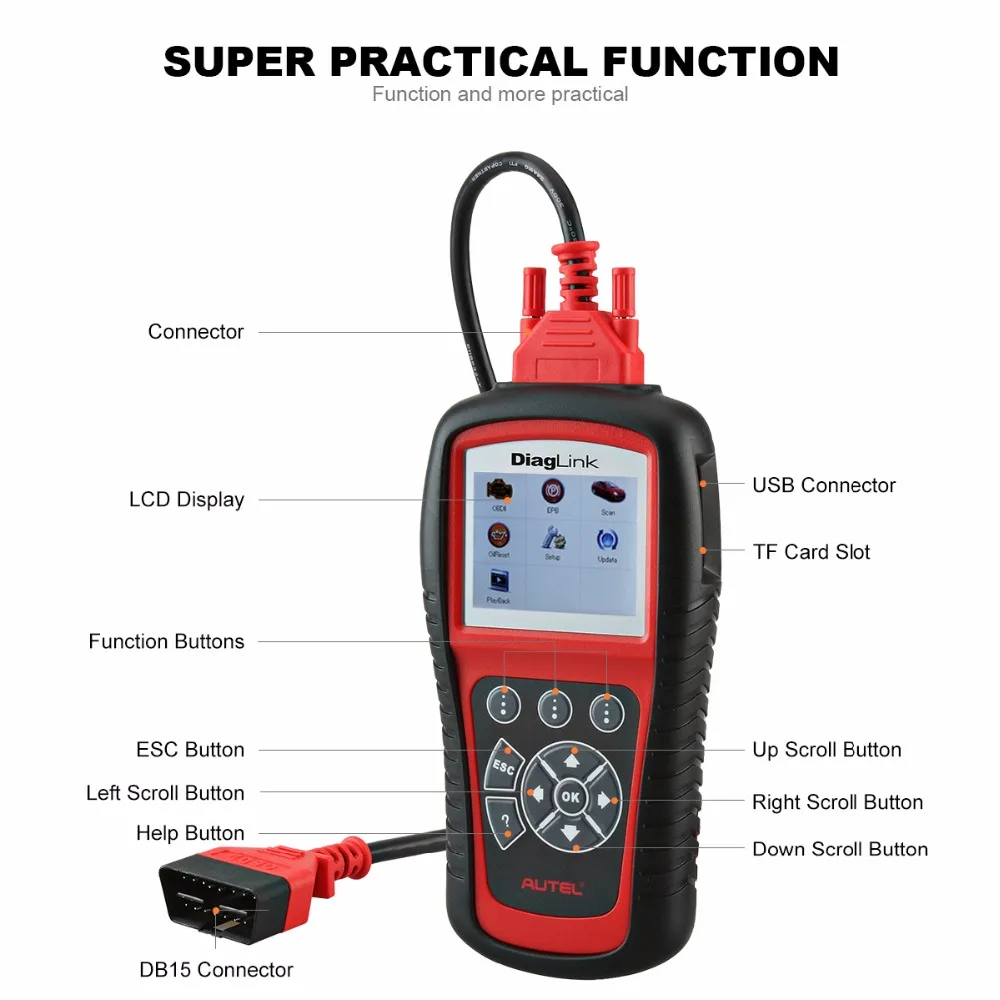 AUTEL Diaglink OBDII EOBD Car Diagnostic Code Reader Oil Reset SRS EPB ABS Transmission All system Automotive OBD2 Scanner Tool 