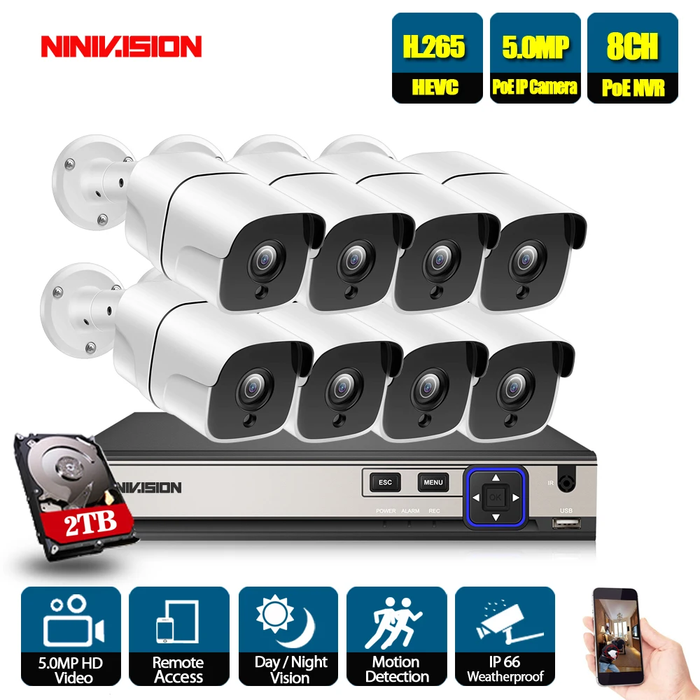 

NIVISION 8CH POE NVR kits IEEE802.3af 48V CCTV system 5MP indoor outdoor camera waterproof 5.0MP security video surveillance set