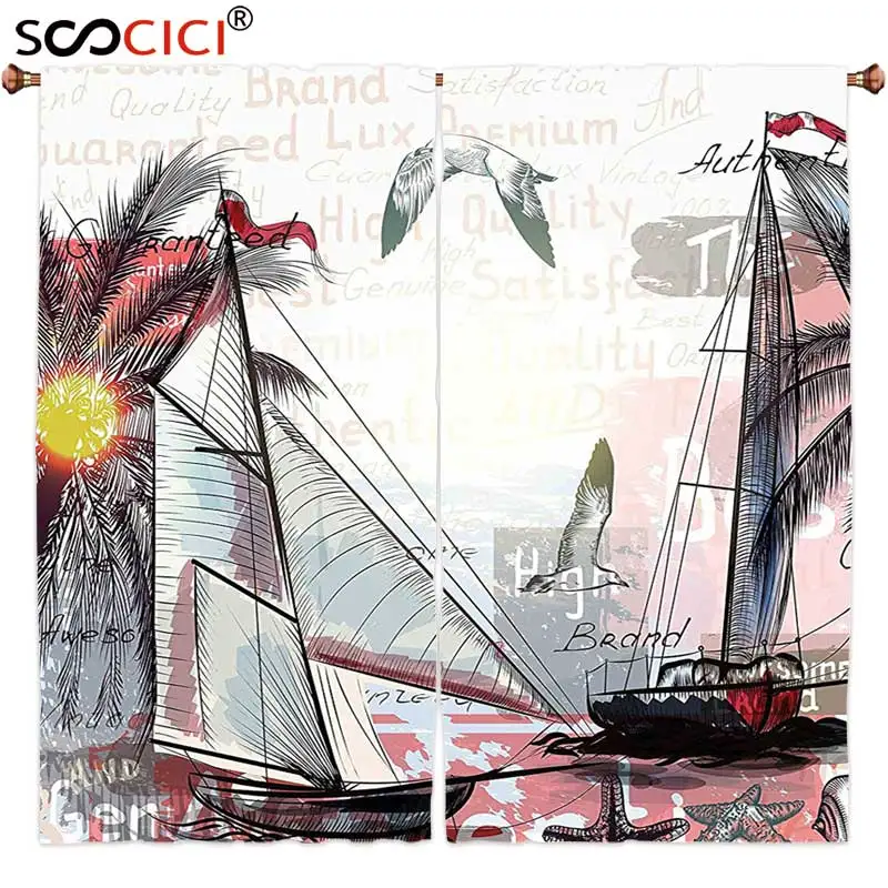 

Window Curtains Treatments 2 Panels,Vintage Illustration of Ships Palm Trees Starfish Shells and the Shining Sun Pattern Print