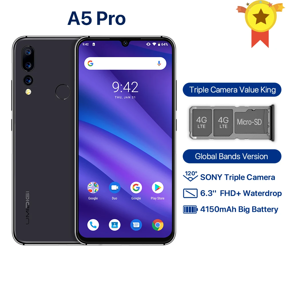 

UMIDIGI A5 PRO Android 9.0 Celular Octa Core 6.3' FHD Waterdrop 16MP Triple Camera 4150mAh 4GB RAM 4G Smartphone Global Version