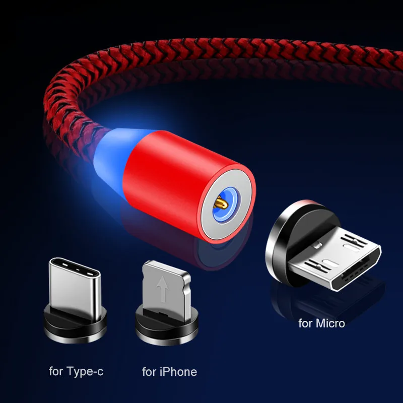 Магнитный светодиодный кабель 1 м Micro USB и Type C зарядный шнур в нейлоновой оплетке