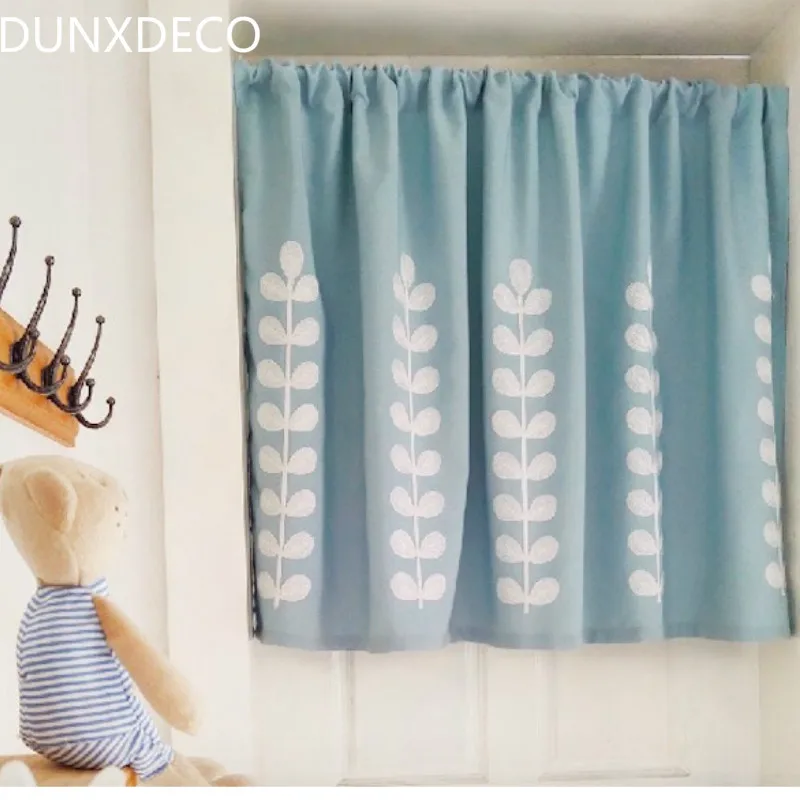 

DUNXDECO Curtain Door Half Cortinas Short Curtains For Kitchen Nordic Fresh Leaves Plant Embroidery Linen Cotton Rideau Decor