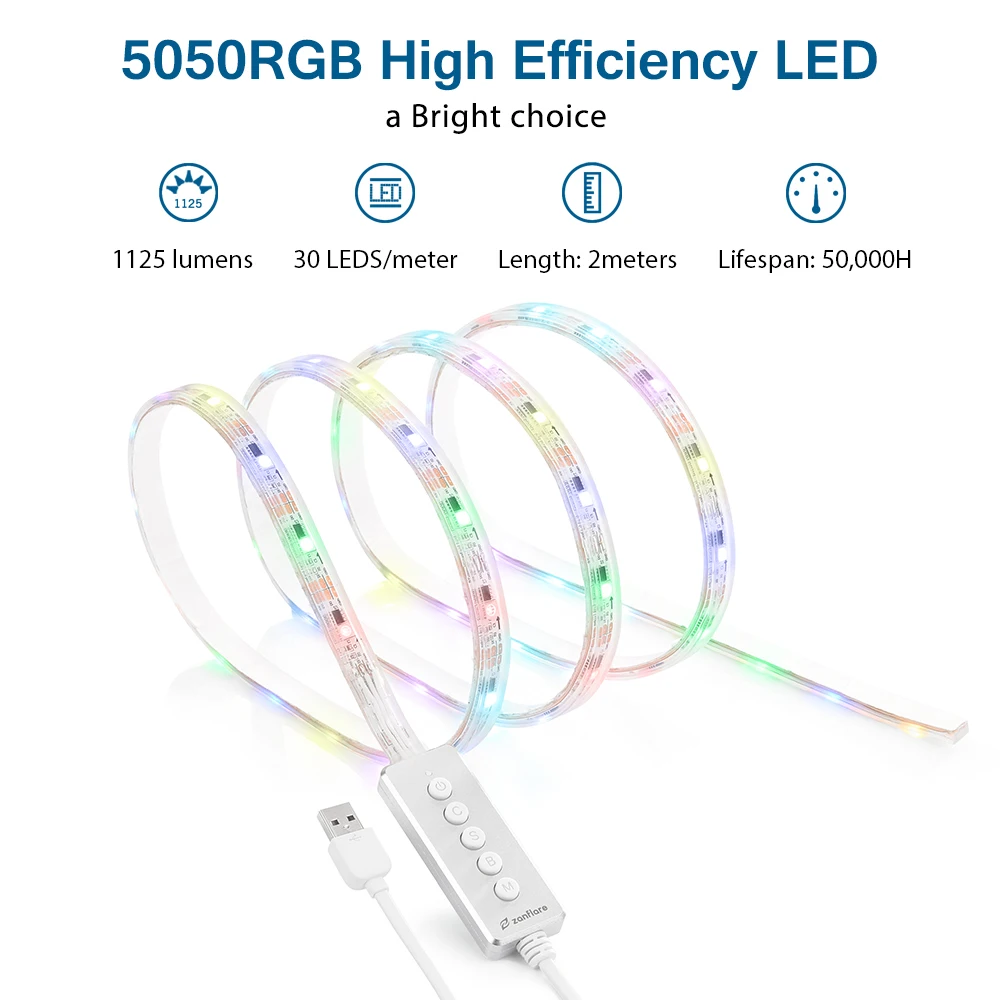 

S2 High Quality Indoor 2m Multicolor LED Lighting Strip 60pc 5050RGB LED Strip 110V-240V 15W 5-level Brightness 12Modes