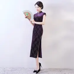 Национальные Китайские Длинные Cheongsam Для женщин Вельветовое платье Размеры: S-4XL