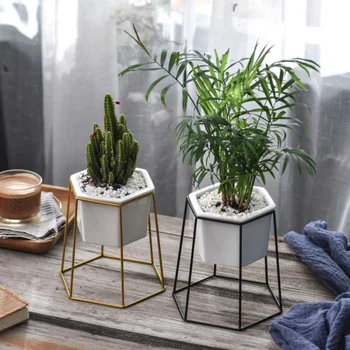 

Desktop Decoration Geometric Gold Iron Rack Holder White Small Ceramic Planter Ceramic Succulents Herb Pot Plant Flower Pot Set