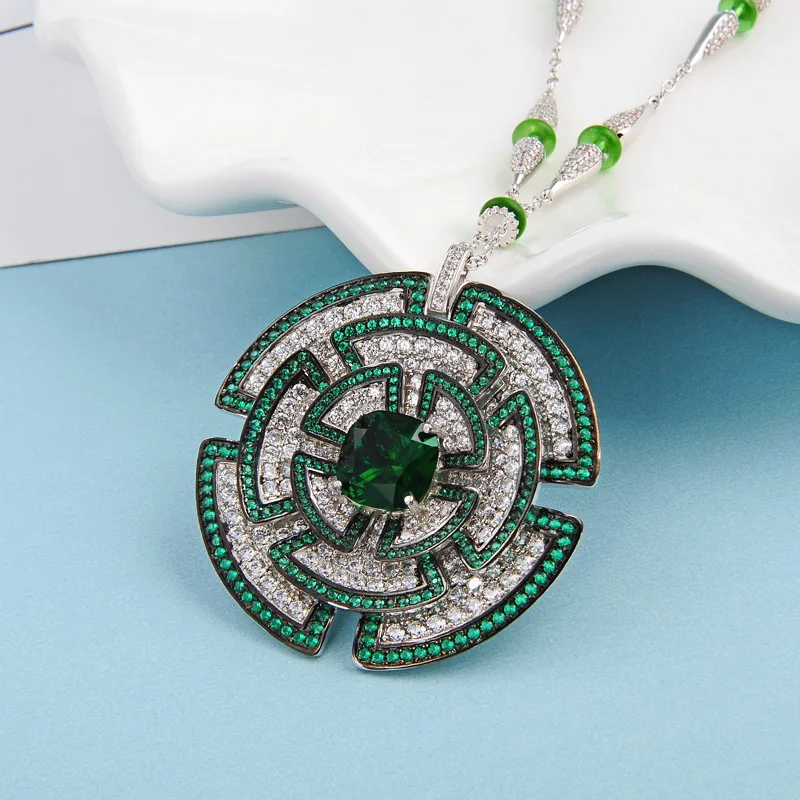 

Hot Brand copper Jewelry For Women green cz flower Neckalce muticolor dinner Pendant sweater chain Fashion Party Necklace