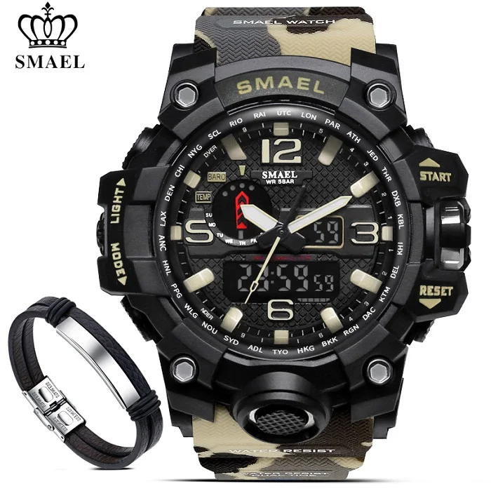 SMAEL, мужские военные водонепроницаемые цифровые часы 50 м, мужские светодиодный кварцевые часы, спортивные часы, мужские часы 1545+ Набор браслетов - Цвет: 1545B Khaki