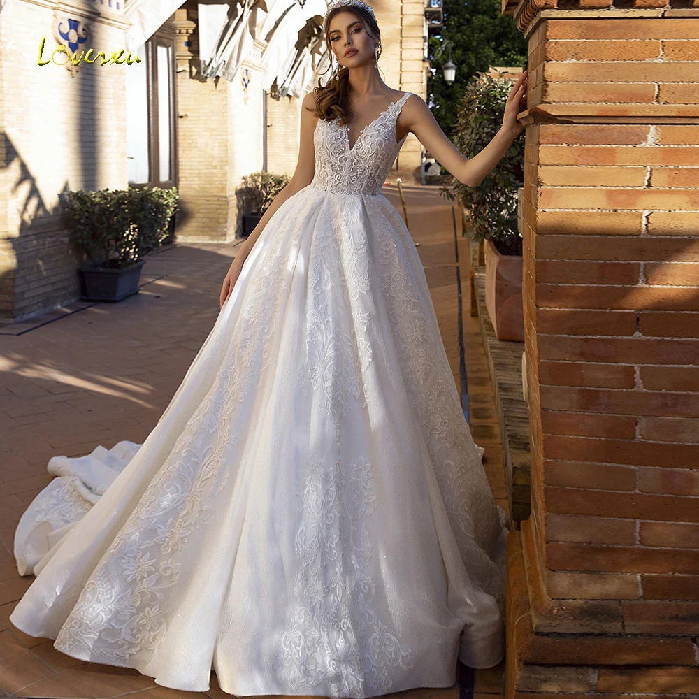 Loverxu гламурный совок бальное платье свадебное платье нежные аппликации с длинным рукавом платье для невесты без спинки собора Поезд Свадебные платья