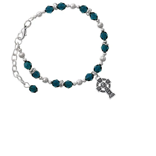 Silvertone Large Celtic Cross Navy Blue Beaded Bracelet