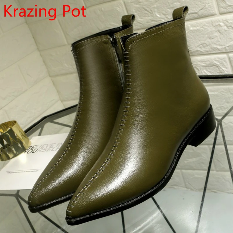 

2018 New Arrival Cow Leather Pointed Toe Thick Heel Zipper Green Woman Winter Boots Runway Solid Fashion Elegant Ankle Boots L29