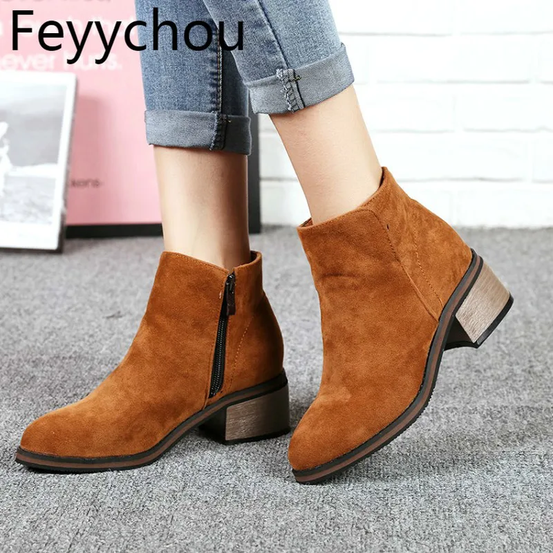 

Women Boots High Heel Spring Autumn Flock Zip Ankle Chelsea Boots Round Toe 2018 New Sexy Fashion Yellow Black Gray Martin Shoe
