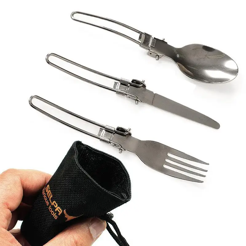 

Mounchain 3Pcs/Set Stainless Steel Outdoor tools Picnic Tableware Set Foldable Cutlery Set for Camping Hiking