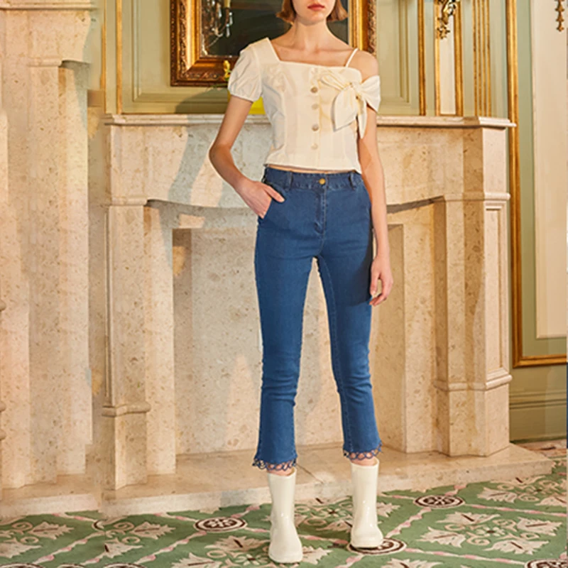 TWOTWINSTYLE повседневное одноцветное для женщин блузка квадратный воротник короткий рукав, с бантом кнопка тонкая рубашка Женская мода 2019