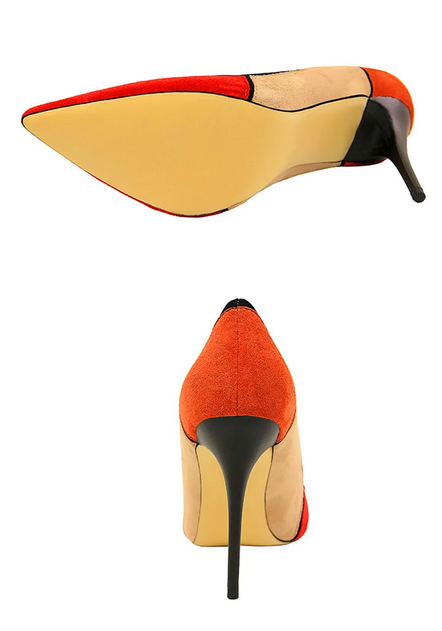 Размер 34-40, разноцветные женские туфли из флока на высоком каблуке г. Новые модные женские туфли-лодочки с острым носком офисные туфли на тонком каблуке
