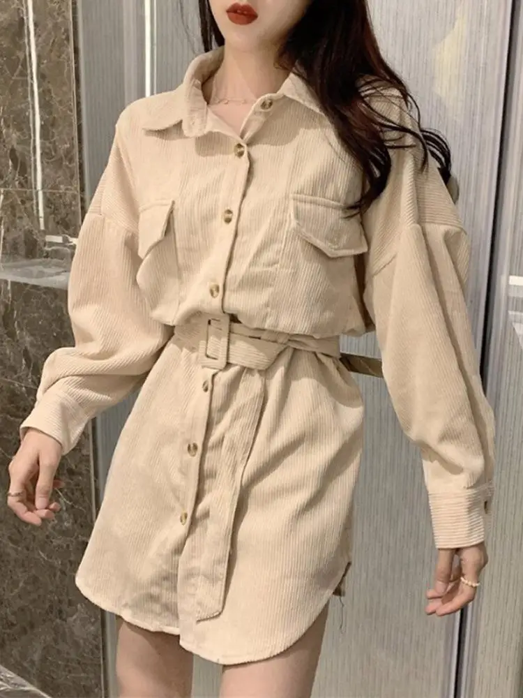 New Women's Wear Chic Small Fragrance Belt Received Waist Long Sleeve Shirt Medium and Long Pure Color Shirt - Цвет: Apricot