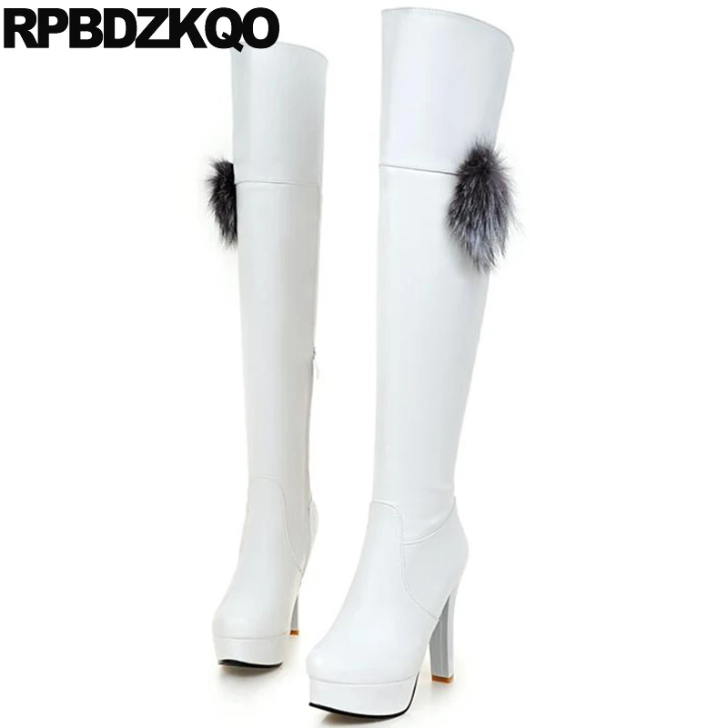 

White High Heel Shoes Cheap Pom Poms Thigh Boots For Plus Size Women 10 Over The Knee Chunky Sexy Fetish Faux Fur Extreme