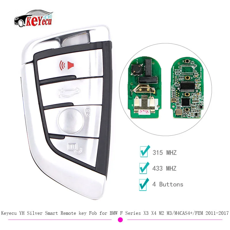 

KEYECU 315MHZ 433MHz YH Sliver Smart Remote key Fob for BMW CAS4+/FEM F Series X3 X4 M2 M3/M4 2011-2017 - with Uncut Insert Key