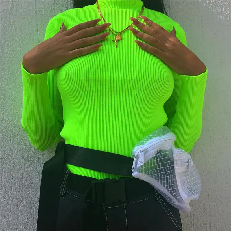 

Ahagaga 2019 Autumn Tees T-shirt Women Tops Fashion Neon Green Red Regular Long Sleeve Casual Women T-shirts Top Blusas Female